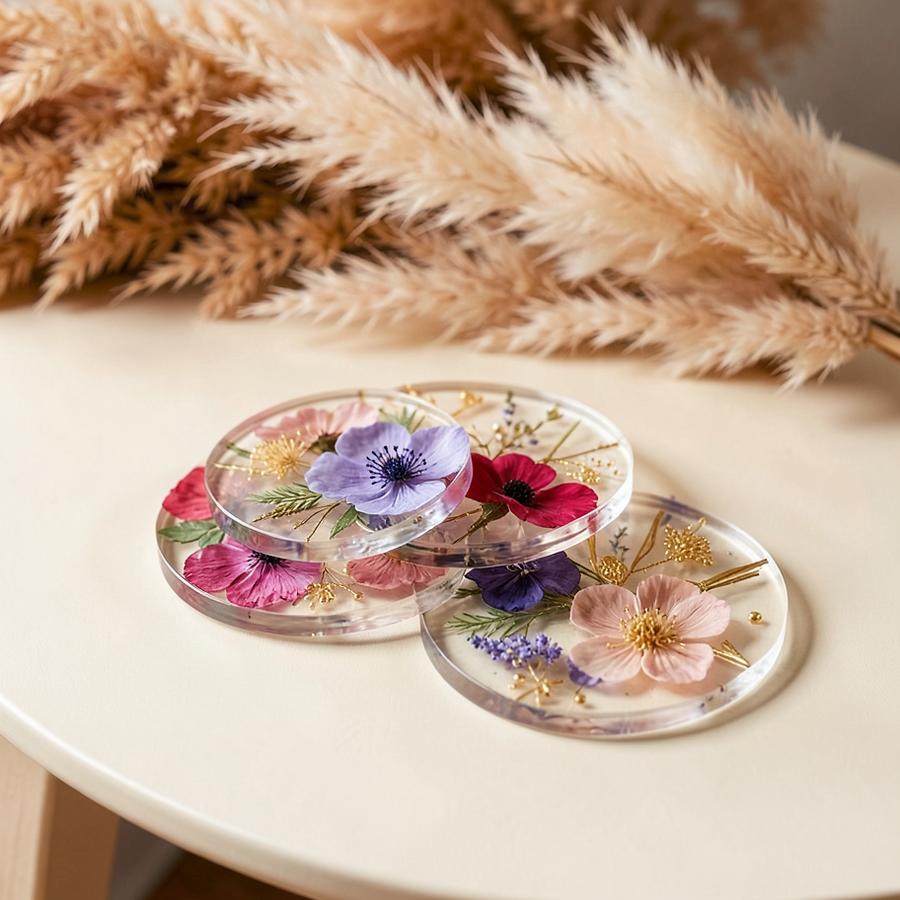 Pressed flower resin coasters on a cream table