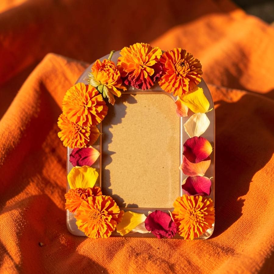 Marigold varmala preserved in a standing resin arch