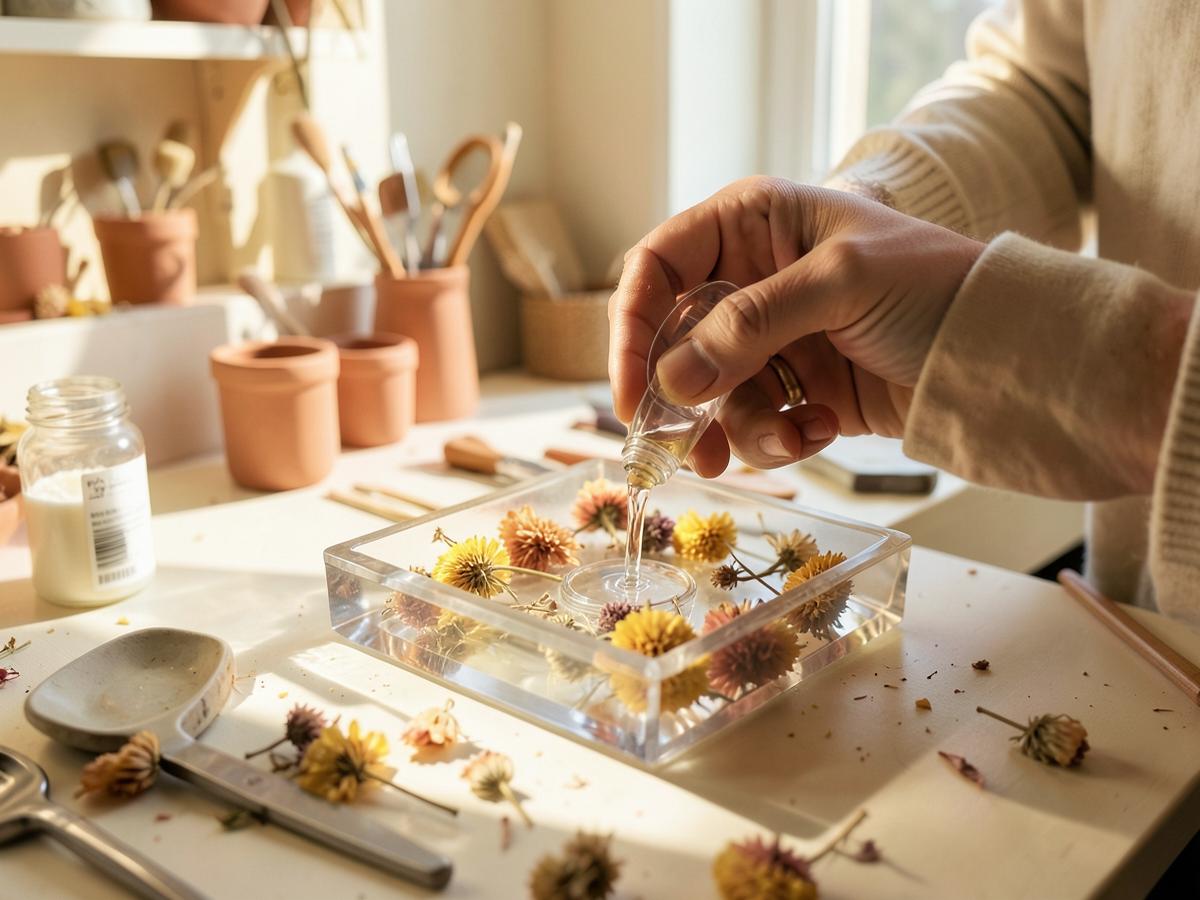 Resin being poured over dried flowers in the studio